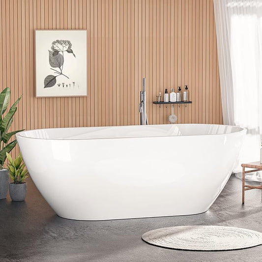 55" Sleek White Acrylic Freestanding Bathtub, Soaking Tub with Brushed Chrome Overflow and Drain