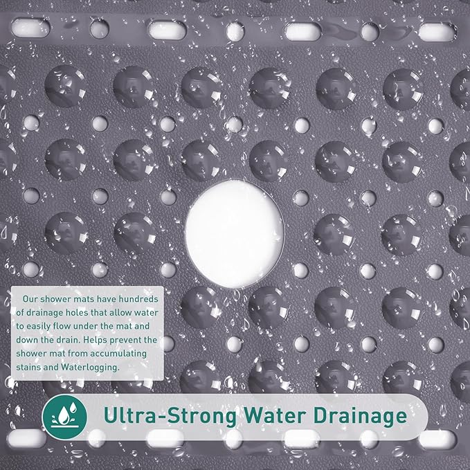 Large Gray Square Shower Mat Non Slip 27 x 27 Inch, Soft Bath Mat Bathtub Mat for Inside Shower Floor, Anti Slip Shower Stall Mats with Big Suction Cups Drain Holes, Easy Washable, BPA-Free