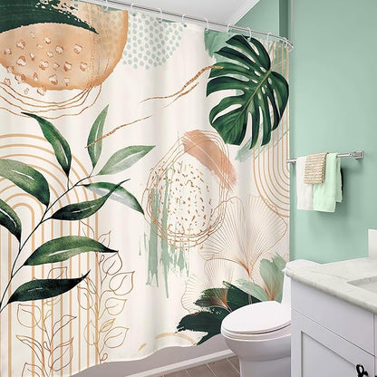 Boho Shower Curtain 72Wx72H Modern Bohemian Abstract Tropical Green Leaves Plant Palm Mid Century Botanical Minimalist Bathroom Decor Geometric Arch Bath Curtain Fabric Polyester 12 Pack Hook