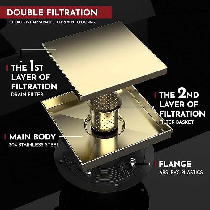 WEBANG 6 Inch Square Shower Drain Gold Floor Drain with Flange Reversible 2-in-1 Cover Tile Insert Grate Removable SUS304 Stainless Steel CUPC Certified Brushed Gold