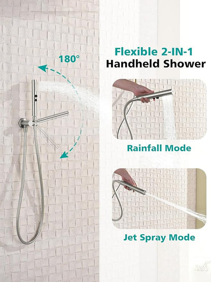 Lefton Shower System in Fahrenheit Display (Battery-free), 13” Overhead Round Rainfall Shower Head with All-in-one Handheld Spray Showerhead, 4-in-1 Control System, SSWM2501 (Brushed Nickel)