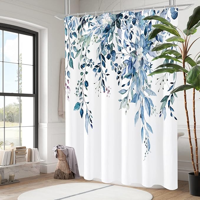 Gibelle Extra Long Shower Curtain 72 x 84, Blue Floral Shower Curtain for Bathroom, Watercolor Plant Eucalyptus Leaves Fabric Shower Curtain Set