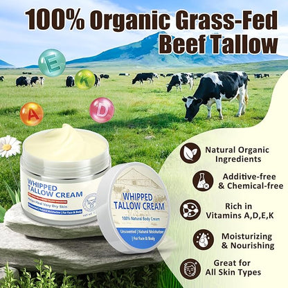 Beef Tallow for Skin, Natural Beef Tallow for Face, 100% Organic Grass Fed Finished Whipped Tallow and Honey Balm, Tallow Cream for Skin Care, Tallow Face Moisturizer Body Lotion