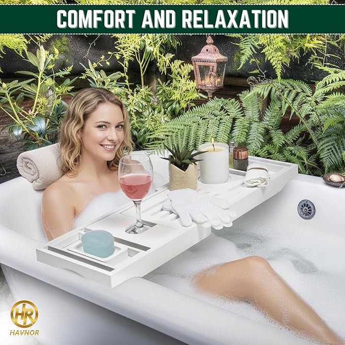 Bamboo Bathtub Caddy Tray Expandable & Foldable Bath Shelf with Book, Tablet & Wine Holder Adjustable Wooden Bath Tray for Relaxing Spa at Home – Fits Most Tub Sizes.