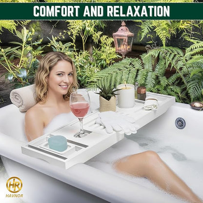 Bamboo Bathtub Caddy Tray Expandable & Foldable Bath Shelf with Book, Tablet & Wine Holder Adjustable Wooden Bath Tray for Relaxing Spa at Home – Fits Most Tub Sizes.