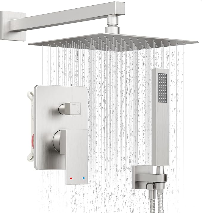 Shower System, Brushed Nickel Shower Faucet Set with 12-Inch Rain Showerhead and Handheld Spray, Wall Mounted High-Pressure Showerhead Combo Set Included Valve and Trim, Brushed Nickel