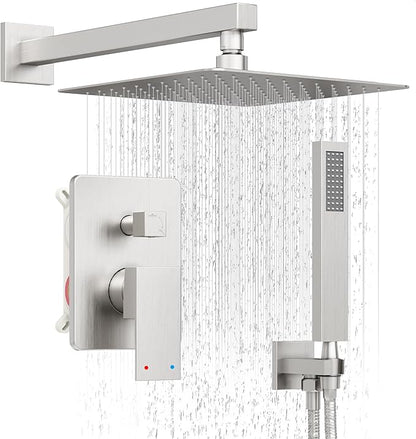 Shower System, Brushed Nickel Shower Faucet Set with 12-Inch Rain Showerhead and Handheld Spray, Wall Mounted High-Pressure Showerhead Combo Set Included Valve and Trim, Brushed Nickel