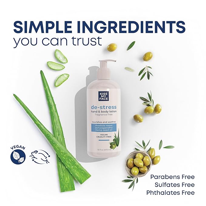 Kiss My Face De-Stress Hand & Body Lotion Fragrance Free - Hypoallergenic, Cruelty-Free, Vegan Lotion for Dry Skin - 16 oz Bottle with Pump (Fragrance Free, Pack of 1)