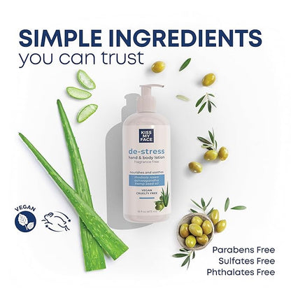 Kiss My Face De-Stress Hand & Body Lotion Fragrance Free - Hypoallergenic, Cruelty-Free, Vegan Lotion for Dry Skin - 16 oz Bottle with Pump (Fragrance Free, Pack of 1)
