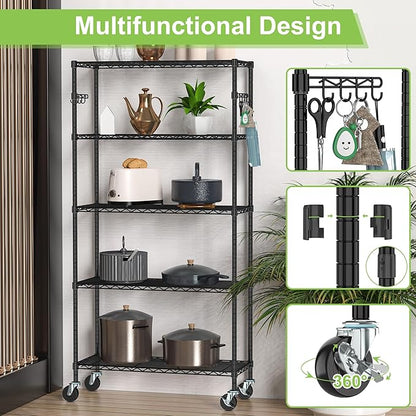 5 Tier Storage Shelves with Wheels Wire Rolling Garage Shelving Rack Organizer Heavy Duty Metal Unit Adjustable Utility Commercial Sturdy Shelves for Kitchen Garage Pantry Bathroom Closet Laundry