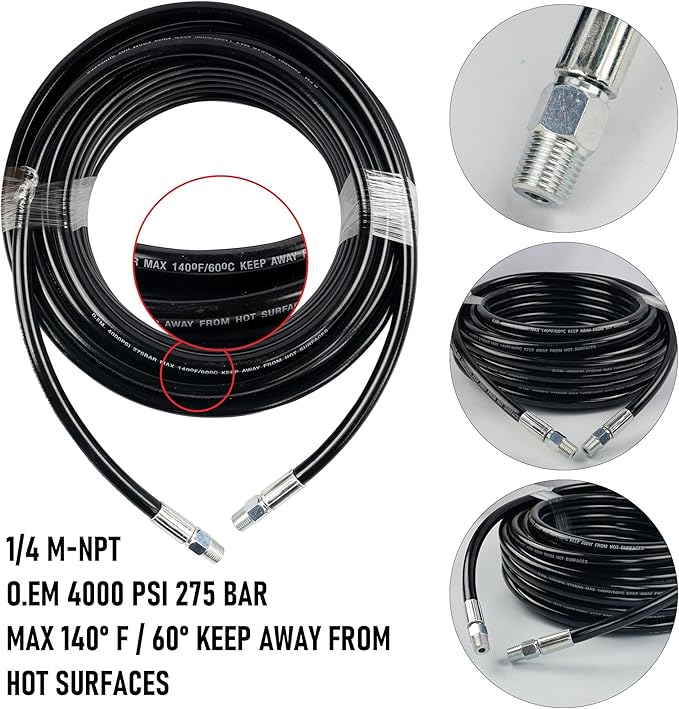 Hourleey Sewer Jetter Kit for Pressure Washer 100FT, Drain Cleaner Hose 1/4 Inch NPT, Orifice 4.0 Button Nose and Rotating Sewer Jetting Nozzle Spanner Tape Pearl Corsage Pin, 4000 PSI