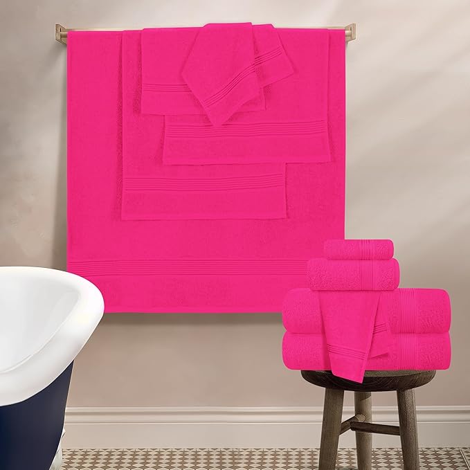 Belizzi Home 100% Cotton Towel Set, Contains 6 Soft Bath Towel, 6 Hand Towels, 12 Wash Cloths - Compact Absorbent Lightweight & Quickdry Towels for Bathroom - 24 Piece Bathroom Towel Set - Hot Pink