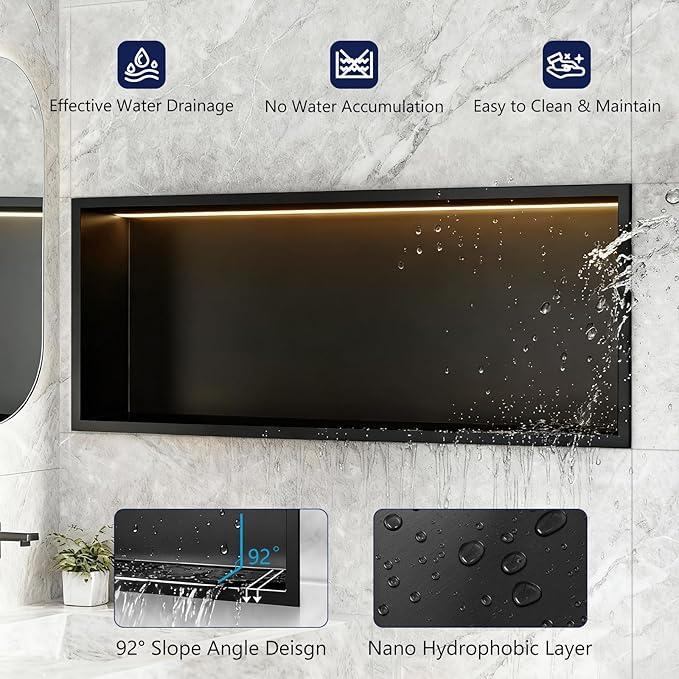 36" X 12" Stainless Steel Shower Niche, LED Shower Niche No Tile Needed with 3000K LED Warm Light Recessed Shower Wall Shelf for Bathroom Storage, with Remote Control, Matte Black