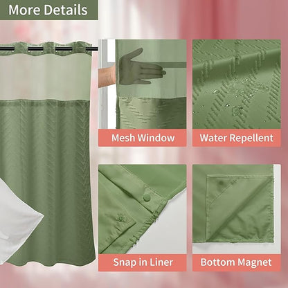 Hookless Shower Curtain with Snap in Liner 71" x 74" Double-Layer Waterproof Polyester Shower Curtain for Bathroom or Hotel Use,Removable Liner,Magnetic Hem,Large Rings,Machine Washable,Sage Green