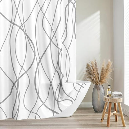 Tititex Morden 140gms Faux Linen Fabric Bath Shower Curtain Set Textured Fabric with White Gray Curve Pattern 72x72 Inch Water Resistant Bathroom Curtains, Weighted Hem & Hooks for Home/Hotel
