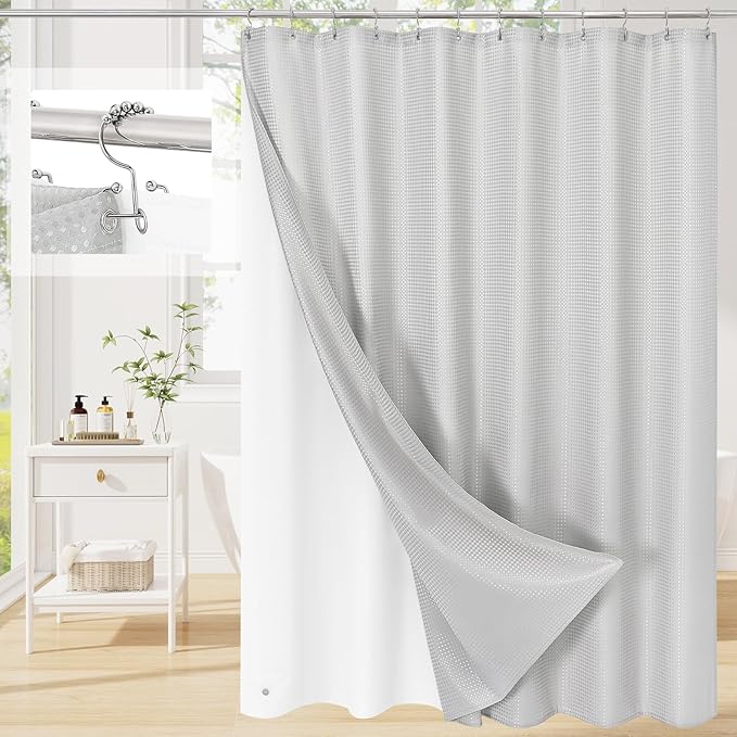 3 in 1 Shower Curtain Set, Light Grey Waffle Shower Curtain and PEVA Liner Set with 12 Stainless Steel Shower Curtain Hooks, Waterproof Shower Curtains for Bathroom, 72 W x 72 H