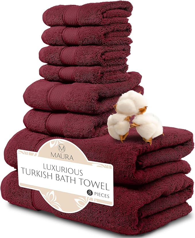 MAURA Burgundy Bath Towel Set of 8 for Bathroom. Turkish Cotton Luxury Bath Towels Extra Large, Thick, Plush & Soft. Hotel & Spa Quality - Burgundy