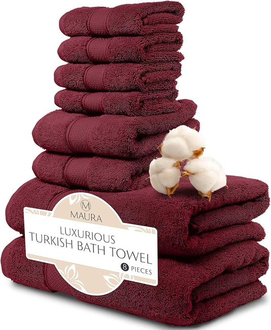 MAURA Burgundy Bath Towel Set of 8 for Bathroom. Turkish Cotton Luxury Bath Towels Extra Large, Thick, Plush & Soft. Hotel & Spa Quality - Burgundy