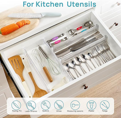 Vtopmart 4 Pack 2.36" Short Upgrade Drawer Dividers for Kitchen Drawer, 12.8"-22.3" Expandable Kitchen Drawer Organizer, Clear Plastic Organizer Separator for Flatware, Utensil, Cutlery, Underwear