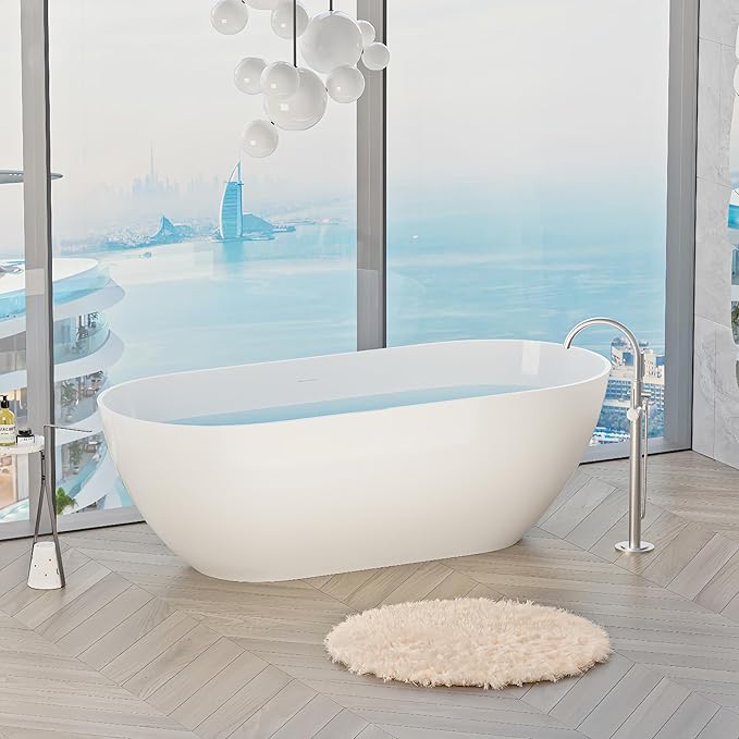Abruzzo 59" Freestanding Bathtub Solid Surface - Oval Stone Resin Soaking Tub with Overflow & Pop-Up Drain, cUPC Certified Gloss White, Heavy Duty for Modern Bathroom