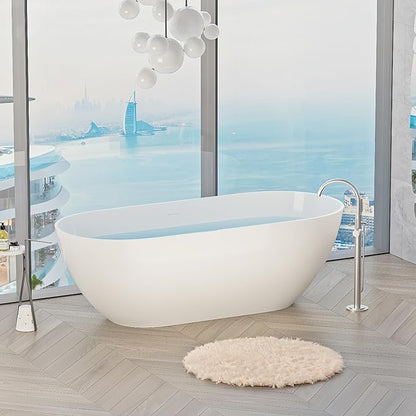 Abruzzo 59" Freestanding Bathtub Solid Surface - Oval Stone Resin Soaking Tub with Overflow & Pop-Up Drain, cUPC Certified Gloss White, Heavy Duty for Modern Bathroom