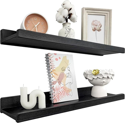 Wood Wedge Floating Shelves for Wall 24 inch, Photo & Picture Ledge, Black Modern Wall Storage Shelves with Lip, Kids Book Shelf, Shelves for Bedroom, Living Room, Bathroom, Kitchen, Set 2