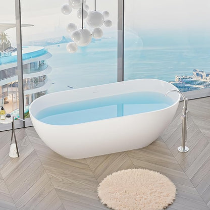 Abruzzo 59" Freestanding Bathtub Solid Surface - Oval Stone Resin Soaking Tub with Overflow & Pop-Up Drain, cUPC Certified Gloss White, Heavy Duty for Modern Bathroom