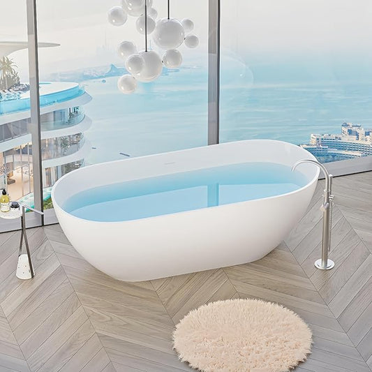 Abruzzo 59" Free Standing Solid Surface Resin Stone Bathtub, Contemporary Oval Soaking Tub with Overflow and Pop-up Drain, cUPC Certified，Matte White