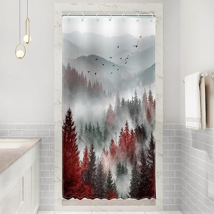 Riyidecor Stall Half Small Rv Shower Curtain 36Wx72H Inch Red Black Mountain Single Stand Up Camp Narrow Scenery Nature View Woodland Pine Tree Bathroom Decor Fabric Polyester Waterproof 7 Pack Hooks
