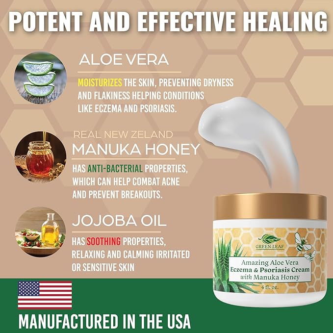 Manuka Honey Eczema Cream Moisturizing Lotion For Psoriasis Relief - Itchy, Dry Skin Rash Ointment -Skin Soothing Moisturizer Baby Kids & Adults-High Strength Body & Face Cream 16oz