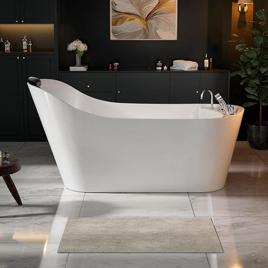 Empava 67 in. Acrylic Freestanding Bath Tub Hydromassage Gracefully Oval Shaped 7 Water Jets Soaking SPA, Single-Ended Massage Bathtubs with Pillow, ETL Certified