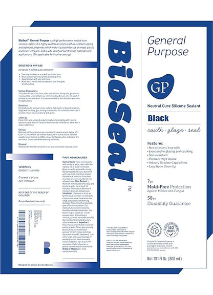Black BioSeal 100% Silicone Sealant Caulk General Purpose, Waterproof and No Odor 10.1 Ounce Cartridge -Black (10)