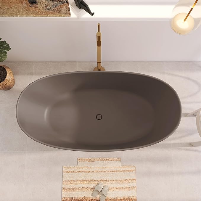 65" Premium Solid Surface Freestanding Bathtub, Contemporary Design Stand Alone Stone Resin Tub with Overflow and Pop-up Drain, Grey Coffee