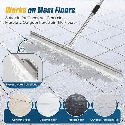 CAROD 33.4" Heavy Duty Floor Squeegee for Concrete, Industrial Silicone Blade Squeegee for Floor with 63" Stainless Handle, Anti-Splash Curved Baffle Design for Warehouse, Factory, Outdoor Use