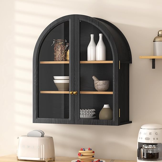 Small Arched Bathroom Wall Cabinet Modern Wooden Medicine Cabinet with Acrylic Doors Farmhouse Wall Mounted Cupboard Storage Organizer for Laundry Room, Dining Room, Black