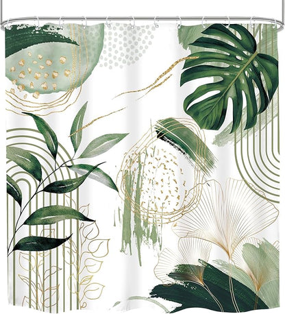 Sage Green Boho Shower Curtain Mid Century Modern Abstract Tropical Palm Leaves Minimalist Gold Olive Geometric Plant 72Wx72H Bathroom Decor Bath Curtain Liner Fabric Polyester 12 Pack Hooks