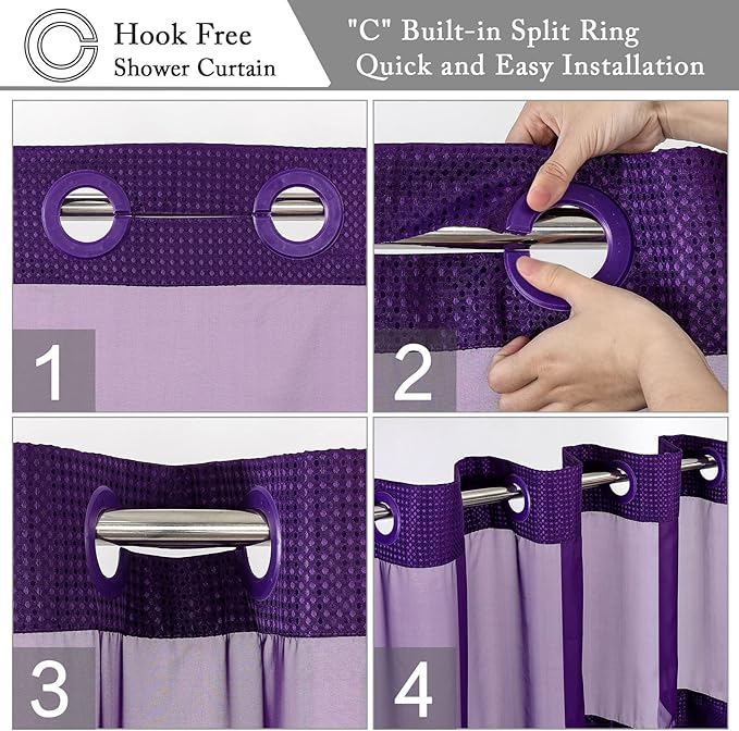 Gibelle No Hook Waffle Weave Shower Curtain with Snap-in Fabric Liner Set for Bathroom, Hotel Style with Mesh Top Window, Waterproof & Washable, Purple, 72x74
