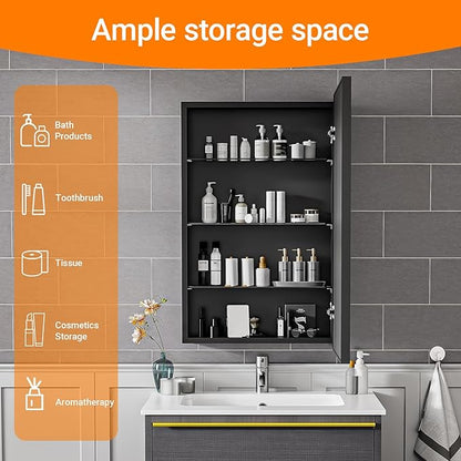 Black Modern Bathroom Medicine Cabinet,17x30 Inch Wall Mounted Surface Mount with 3 Adjustable Shelves,Tempered Glass,Rectangular