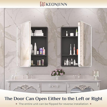 Keonjinn 24 x 32 Inch Chrome Recessed Medicine Cabinets, Bathroom Mirrored Medicine Cabinet, Silver Stainless Steel Framed, Adjustable Shelves, in Wall or Surface Mount, Sturdy & Heavy, Farmhouse