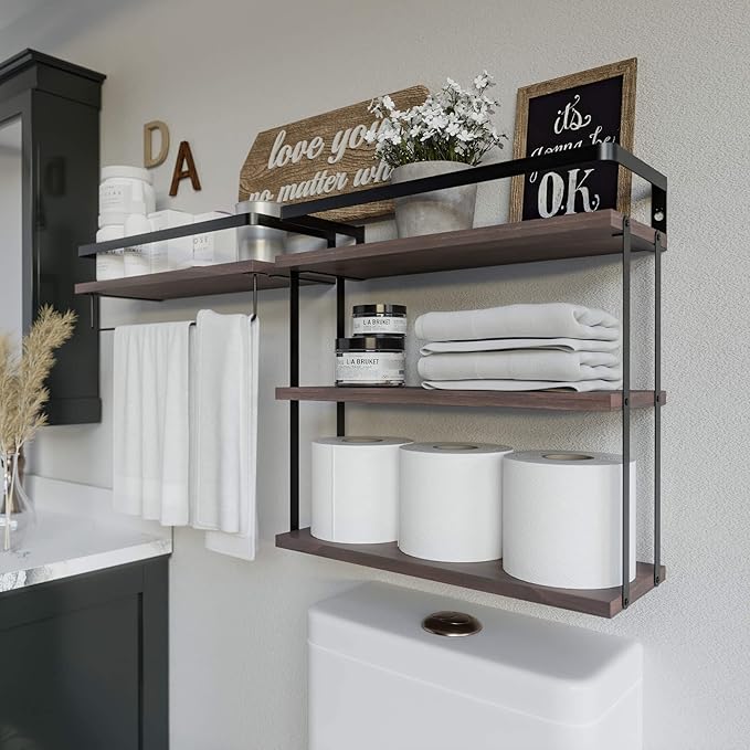 RICHER HOUSE 3+1 Tier Wall Mounted Floating Shelves Set of 2, Rustic Wood Wall Shelf with Metal Frame, Extra Storage Rack for Bathroom, Kitchen, Bedroom with Tissue Rack & Towel Bar - Rustic Brown