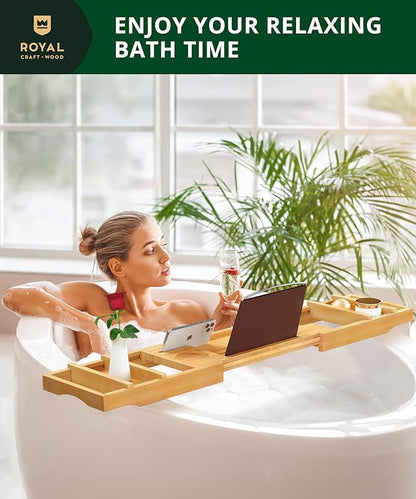 Non-Foldable Bathtub Tray Caddy for Tub, Bamboo Bath Shelf, Premium Wood Bath Table, Expandable Bathtub & Bathroom Accessories, New Home Gifts for Mom, Housewarming, Anniversary