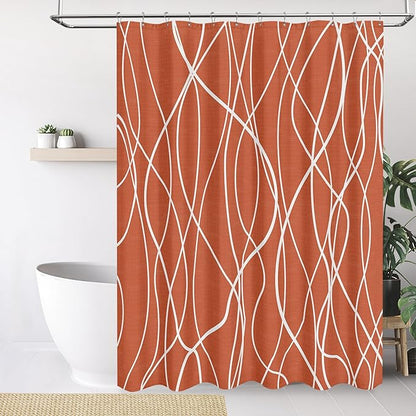 Tititex Morden 140gms Faux Linen Fabric Bath Shower Curtain Set Textured Fabric with Caramel White Curve Pattern 72x72 Inch Water Resistant Bathroom Curtains, Weighted Hem & Hooksfor Hotel/Home