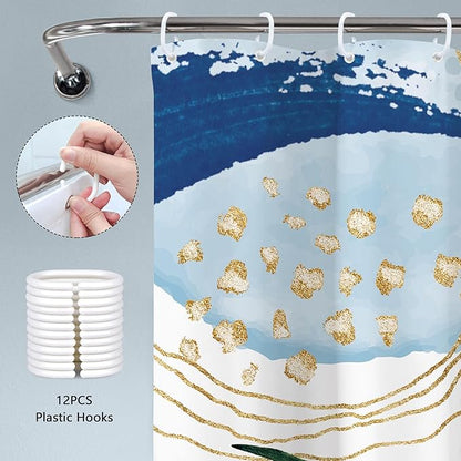 Blue Boho Shower Curtain 72Wx72H Modern Mid Century Abstract Blue Gold Tropical Leaves Palm Minimalist Plant Bathroom Decor Geometric Arch Bath Curtain Fabric Polyester 12 Pack Hooks