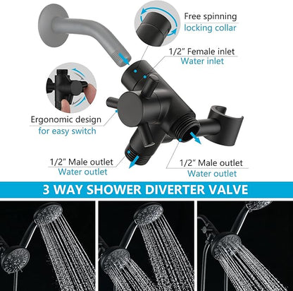 PDPBath Solid Brass Shower Arm 3 Way Shower Diverter Valve for Hand Held Showerhead and Fixed Spray Head, G1/2 Universal Connection - Matte Black