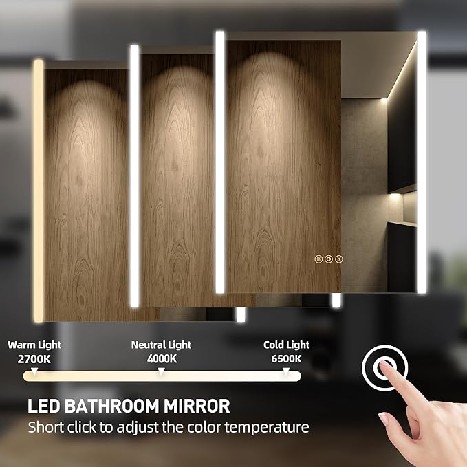 Medicine Cabinet with LED Lights and Mirror, 20 x 28 Inch Surface or Recessed Mounted Bathroom Cabinet with Door, Defogger, Memory Function, 3-Color Mode, Outlet&USB, Dimmer, Storage Shelf