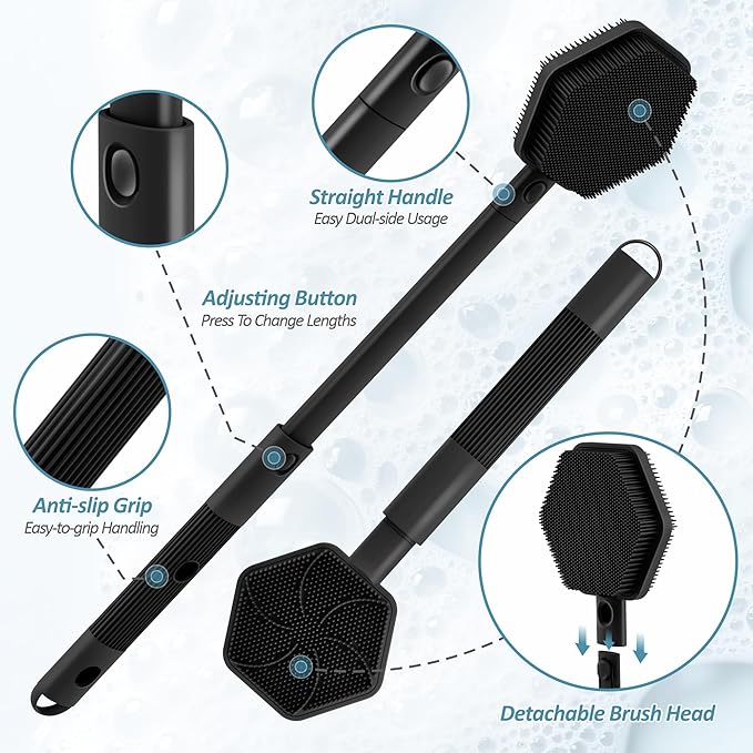 Silicone Back Scrubber & Soft Bath Glove 2PCS, 16''- 21''Extendable Back Scrubber with Dual-Side Large Head, 360° Anti-Slip Hand-fit Silicone Body Scrubber for Rich Foaming Deep Cleaning(Black)