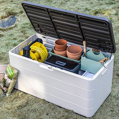 TARKARI Premium Pro Edition 100 Gallon Lockable Resin Deck Box, Waterproof & UV-Resistant Outdoor Storage Box for Outdoor Cushion Storage, Garden Tools & Pool Accessories Storage, White