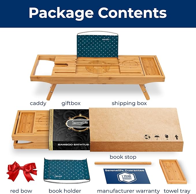 SereneLife 2 in 1 Bed and Bath Tray - Foldable Bamboo Bathtub Caddy with Adjustable Length, Non-Slip, Device Holder, Wine Glass Slot, Expandable for Comfortable Bathing (Folding, Soft Back, Gift Set)