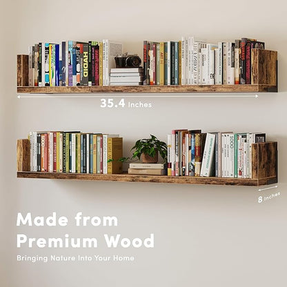 Wall Bookshelf, Set of 3, 36 Inches U Shaped Wall Shelves, Long Deep Floating Shelves, Large Floating Book Shelves - Wood Hanging Bookshelves for Kitchen, Bedroom