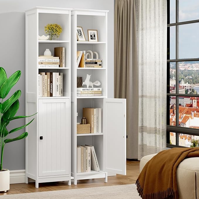 RRX Tall Bathroom Storage Cabinet,Slim Cabinet with Door &Shelf,13.8" L*12.6" W*63.4" H,Freestanding Narrow Cabinet with Anti-Tip,Storage for Kitchen,Entryway (Pure White)